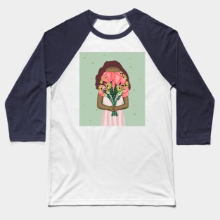 Cute girl holding a floral bouquet in a pink dress | pink and green Baseball T-Shirt